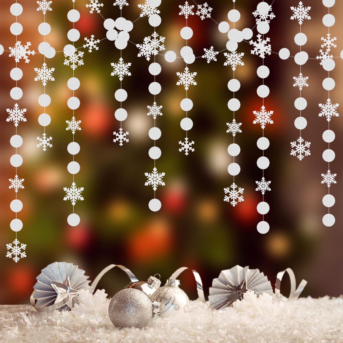 Snowflake-Snow White-Silver Christmas Party-Decoration Garland - 52Ft Winter Wonderland Frozen Hanging Paper Streamers,Birthday New Year Supplies Decor Lasting Surprise