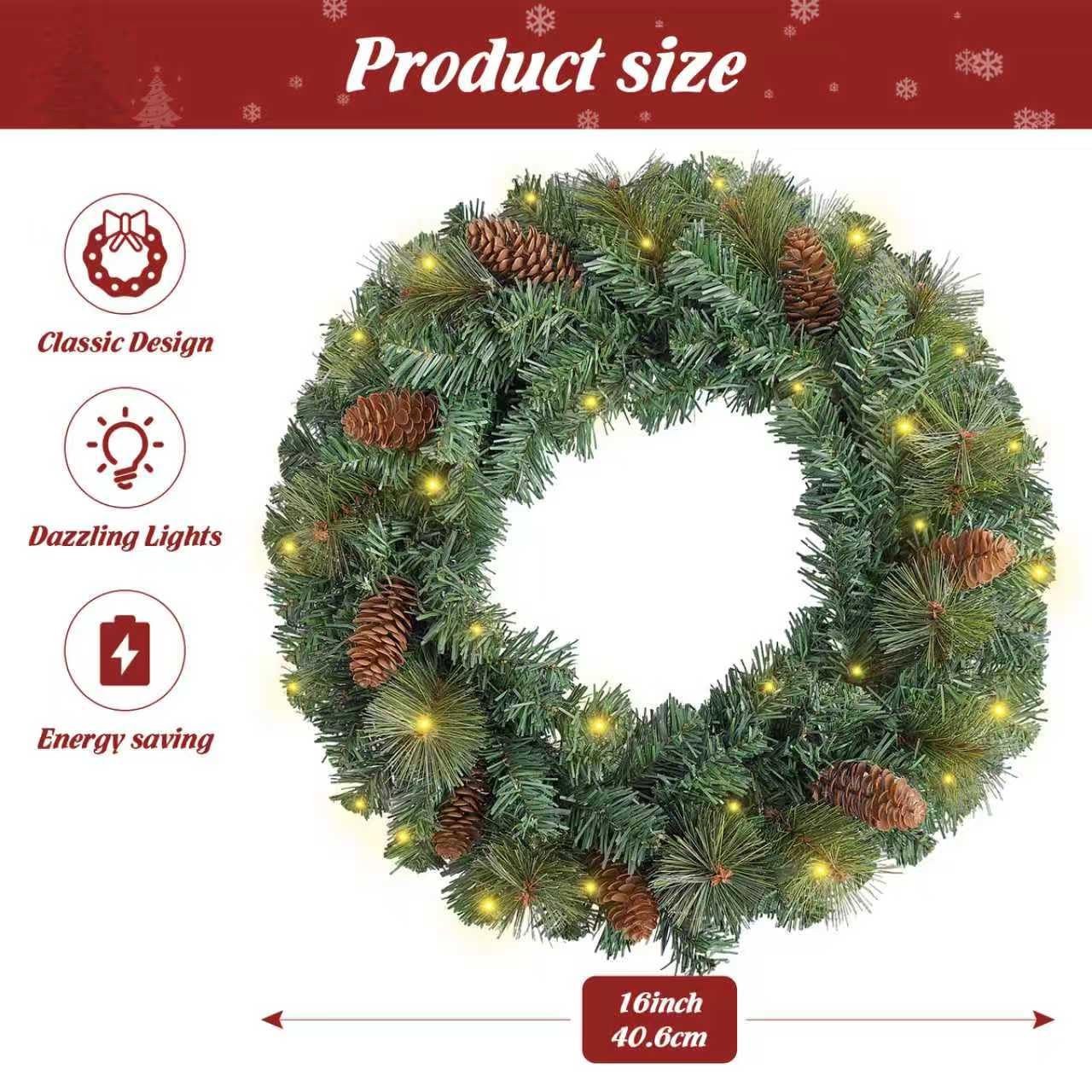 FR Artificial Pre-Lit Fir Christmas Wreath Holiday Accent Decoration, Wintry Pine, Decorated with Pine Cones, with LED Lights Battery Operated for Door, Mantel - 16 Inch