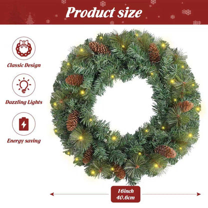 FR Artificial Pre-Lit Fir Christmas Wreath Holiday Accent Decoration, Wintry Pine, Decorated with Pine Cones, with LED Lights Battery Operated for Door, Mantel - 16 Inch