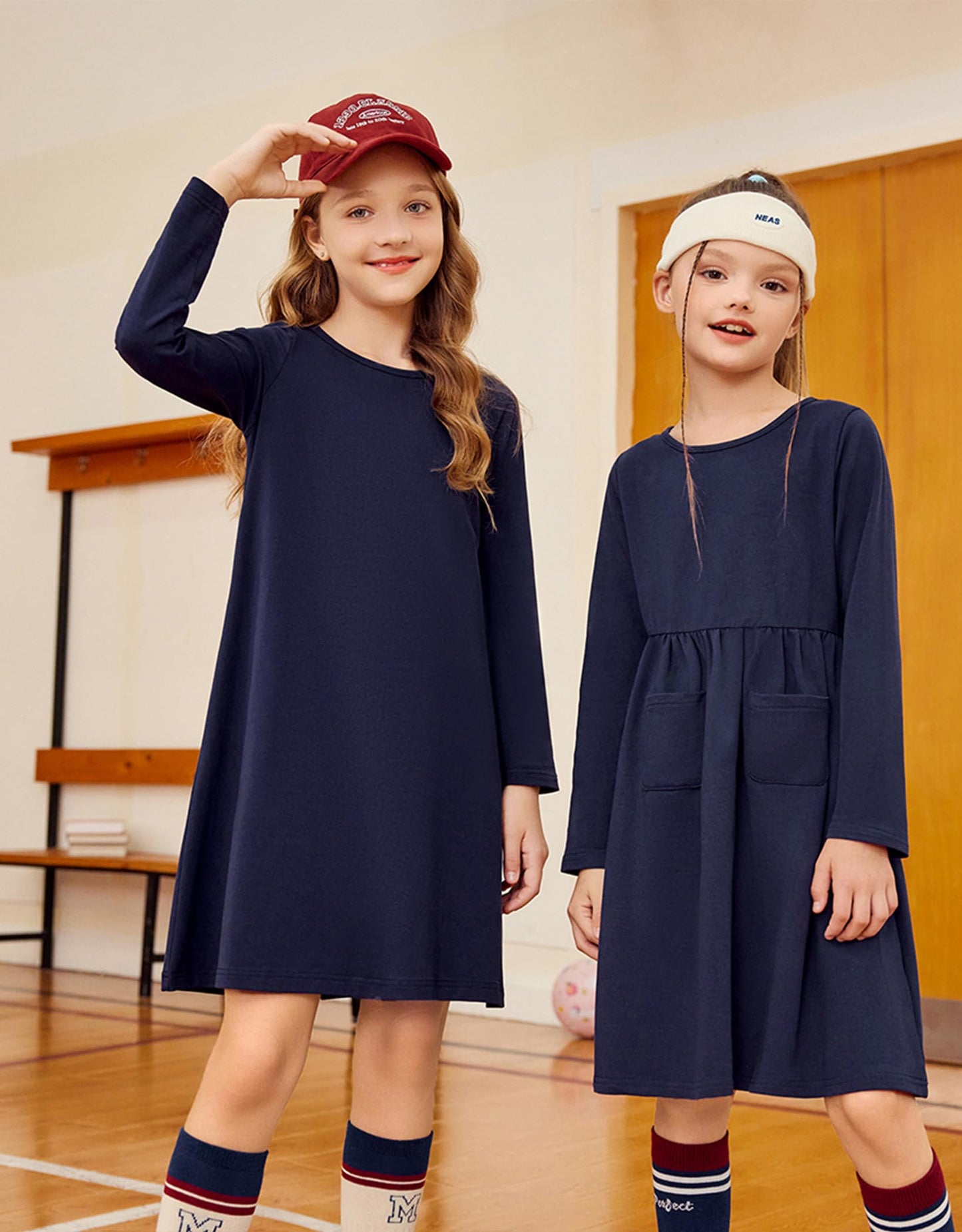 Arshiner Girls Dress Kids Long Sleeve Solid Color Casual T-Shirt Dress Navy Blue Tween 10-11 Years