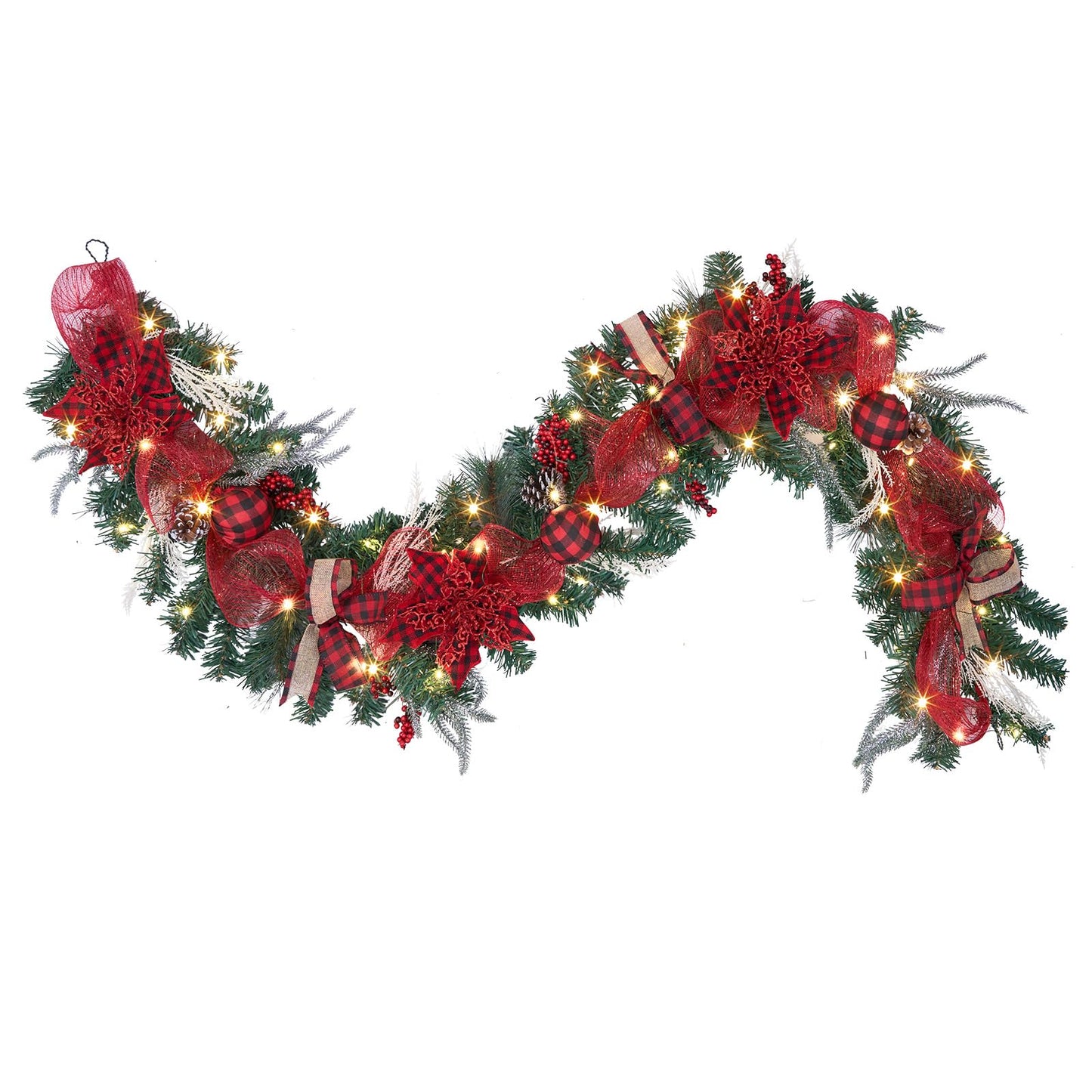 prelit 6 feet Christmas Garland with 30 LED Lights,Buffalo Plaid Christmas Decoration,Holiday Mantel Garland,red and Black Xmas Porch Decor,Fireplace Decor,Lighted Farmhouse Garland with Timer