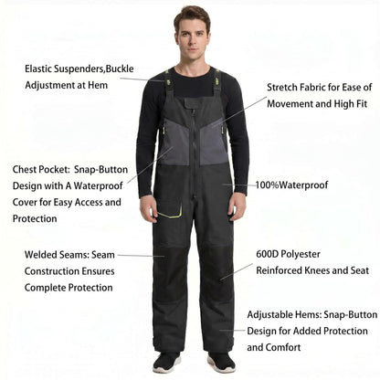 Men's Ocean Sailing Suit Offshore Sailing Jacket & Bib Pants Combi Clothes Set - Hi-Vis Wet Weather Gear Hips & Knees Patches (Black, Large)