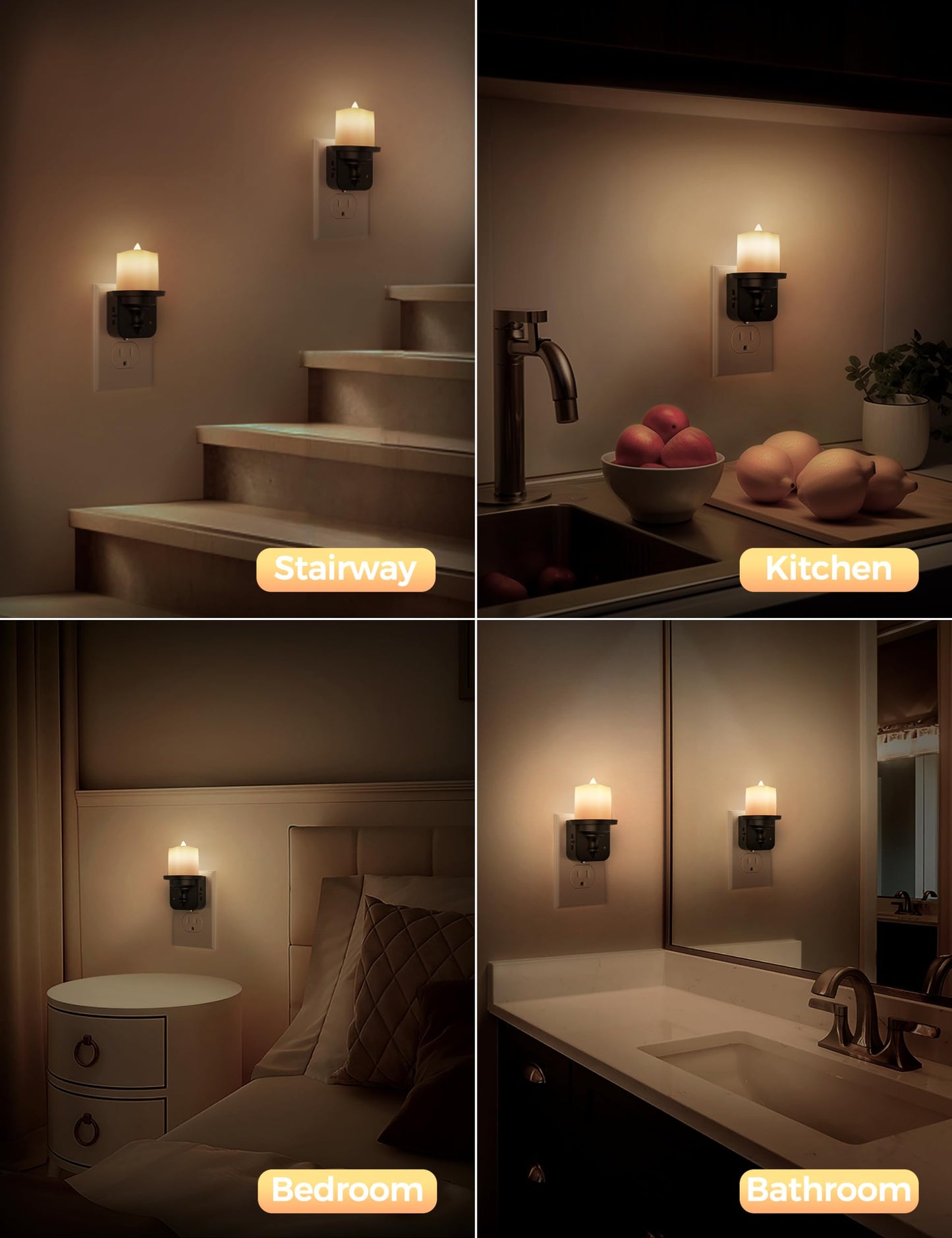 Briignite Flameless Candle Night Lights, Amber Plug-in 2 Pack, LED Candle with Light Sensor, 0-100LM Dimmable, Kids Hallway Bathroom Nightlight