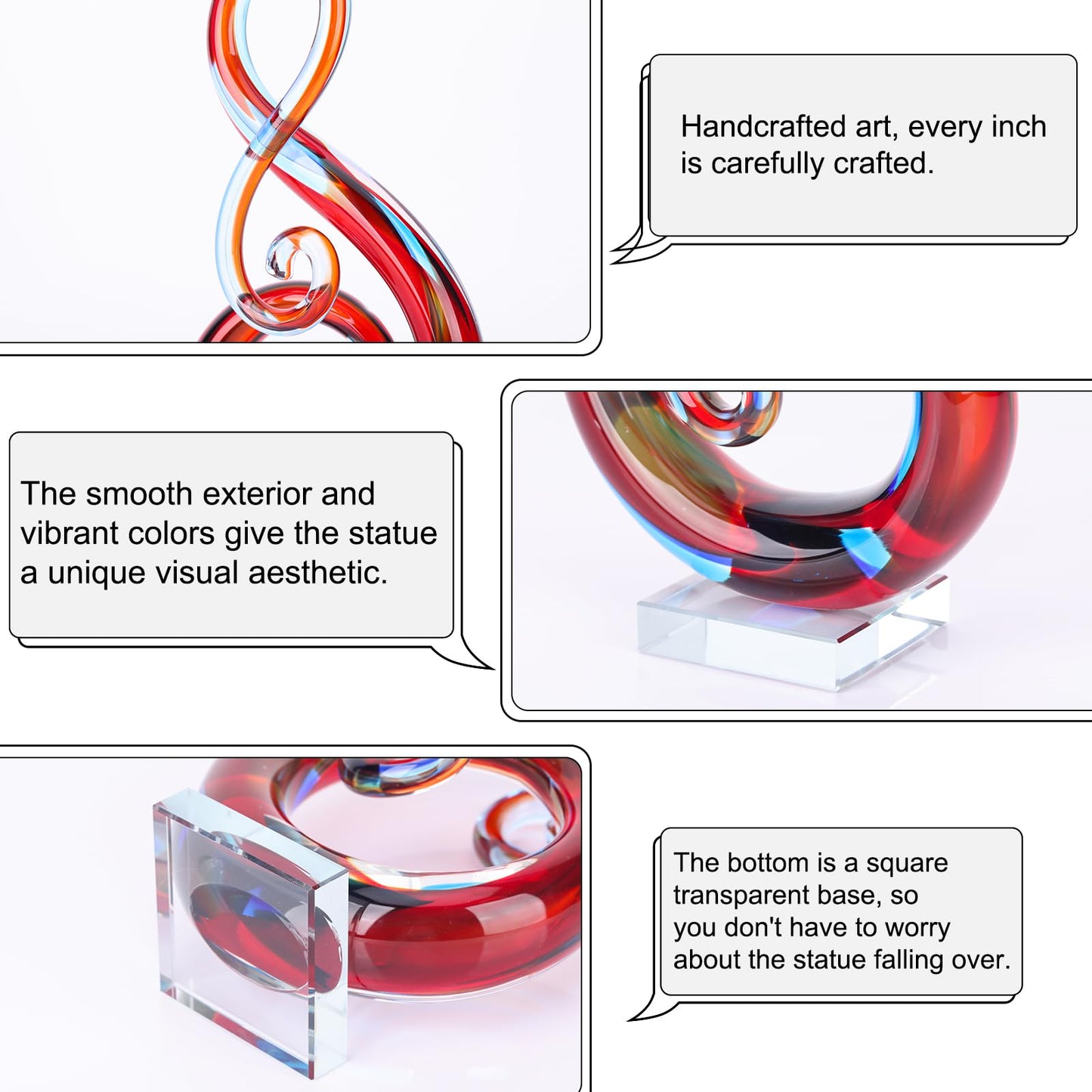 LCCCK 13" H Large Glass Sculpture Blue Hand Blown Glass Figurines Art Music Decor, Modern Red Glasses Decor Crystals Statue Knick Knacks- for Luxury Home Living Room Office Console Table Decoration
