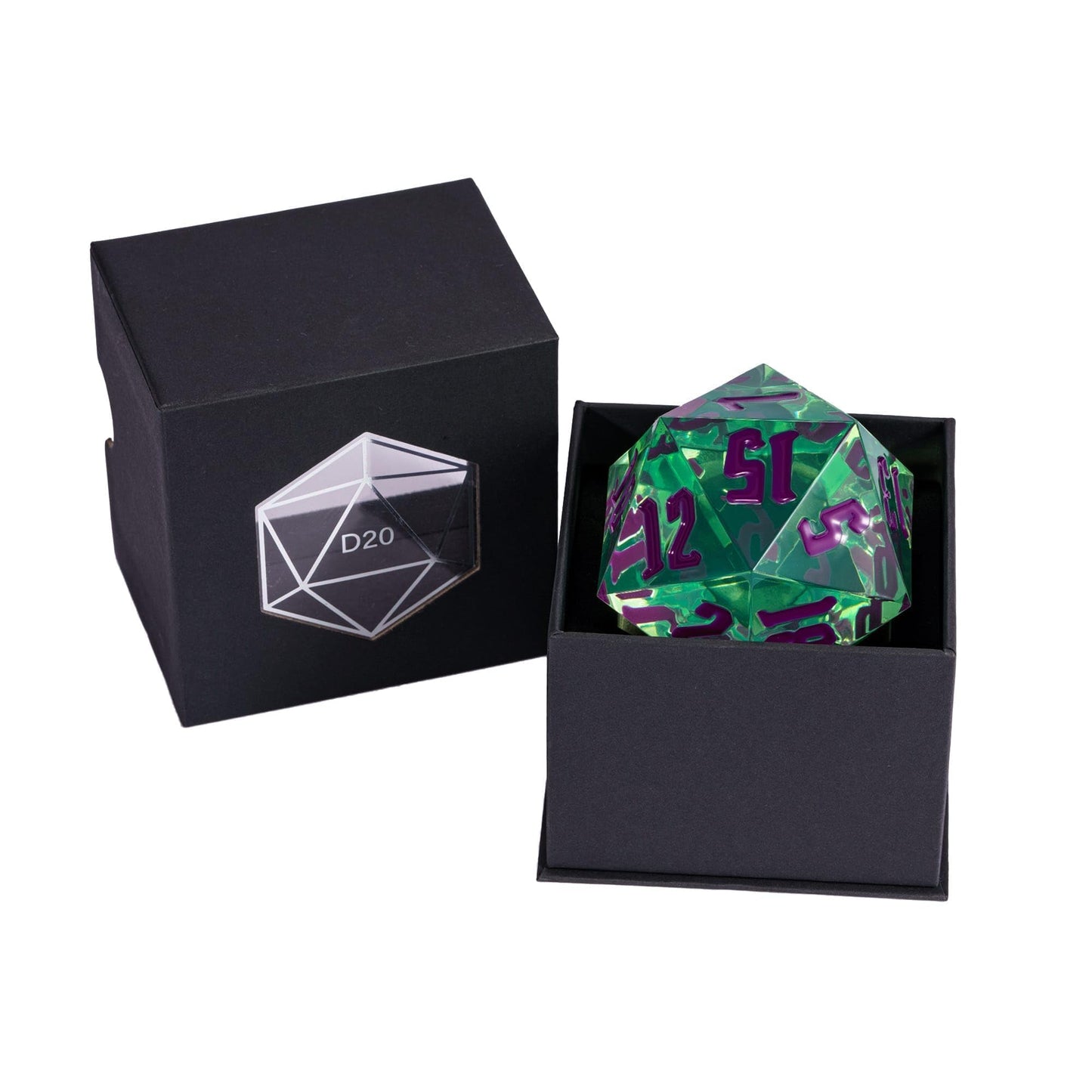 Poludie 55mm 20 Sided DND Dice, Giant D20 D&D Polyhedral Dice Large D20 with Die Gift Box for Dungeons and Dragons, RPG Table Games (Transparent Green/Purple Numbers)