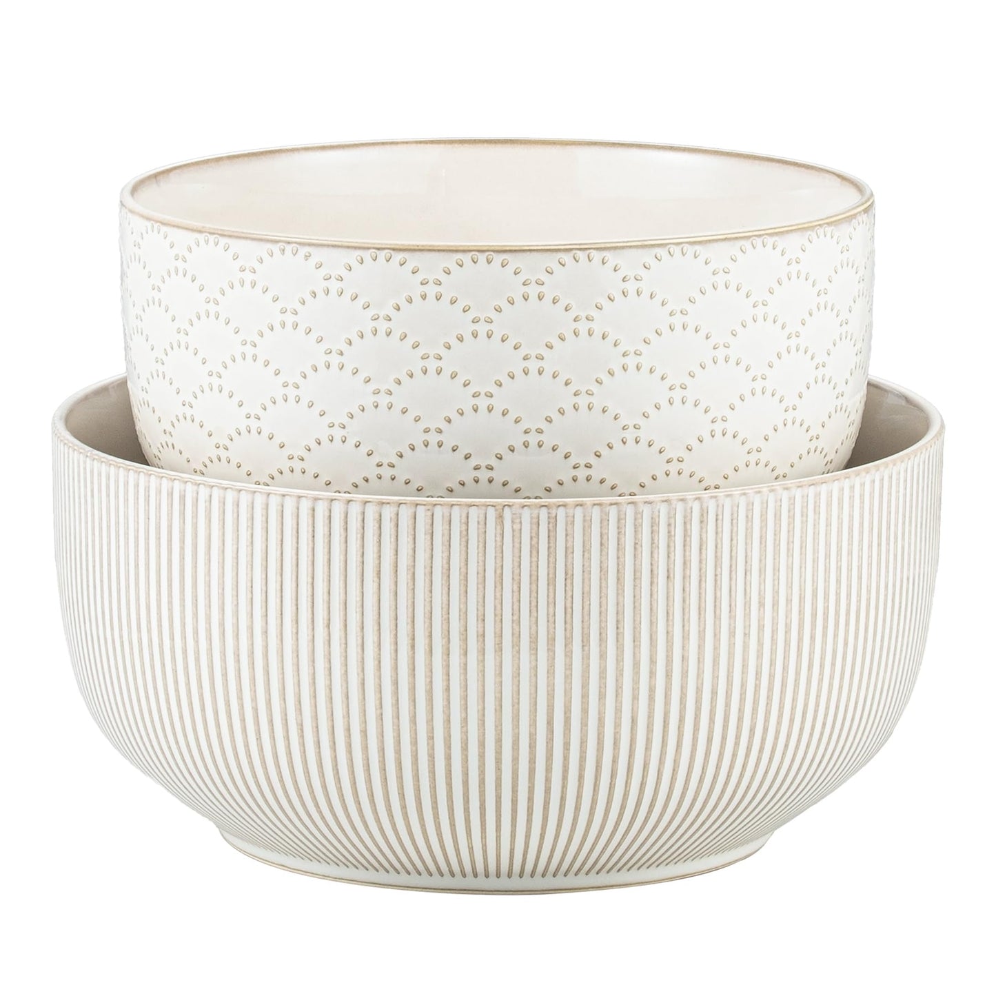 Mikiegy Ceramic Mixing Bowls Set of 2, Nesting Ceramic Embossment Stoneware Mixing Bowls for Cooking, Serving, Popcorn, Salad etc, Microwave & Dishwasher Safe, 98/145 oz, Off-White