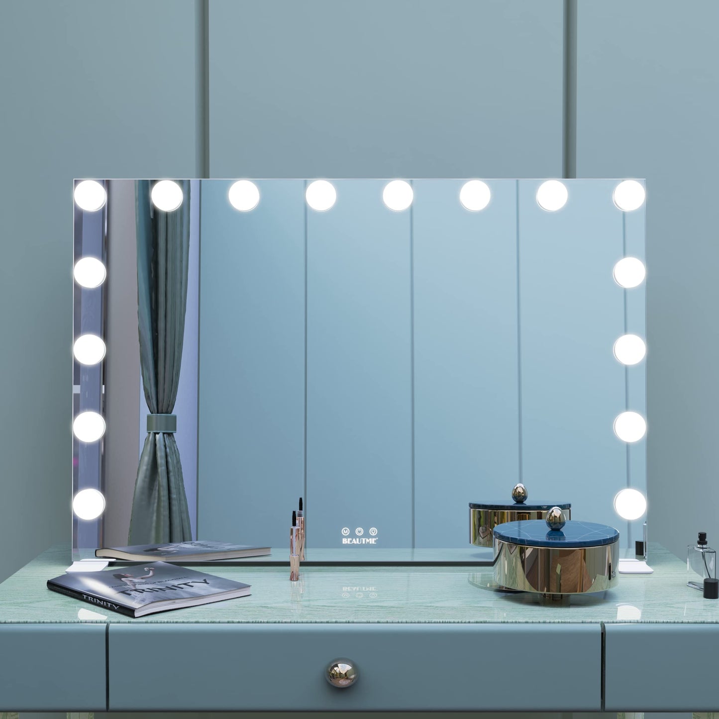 BEAUTME Large Vanity Mirror with Lights, 35.9''×24.3'' Makeup Mirror, Light up Mirror with 16 Dimmable LED Lights and 10X Magnification, 3 Colors Lights Modes, Touch Control, White
