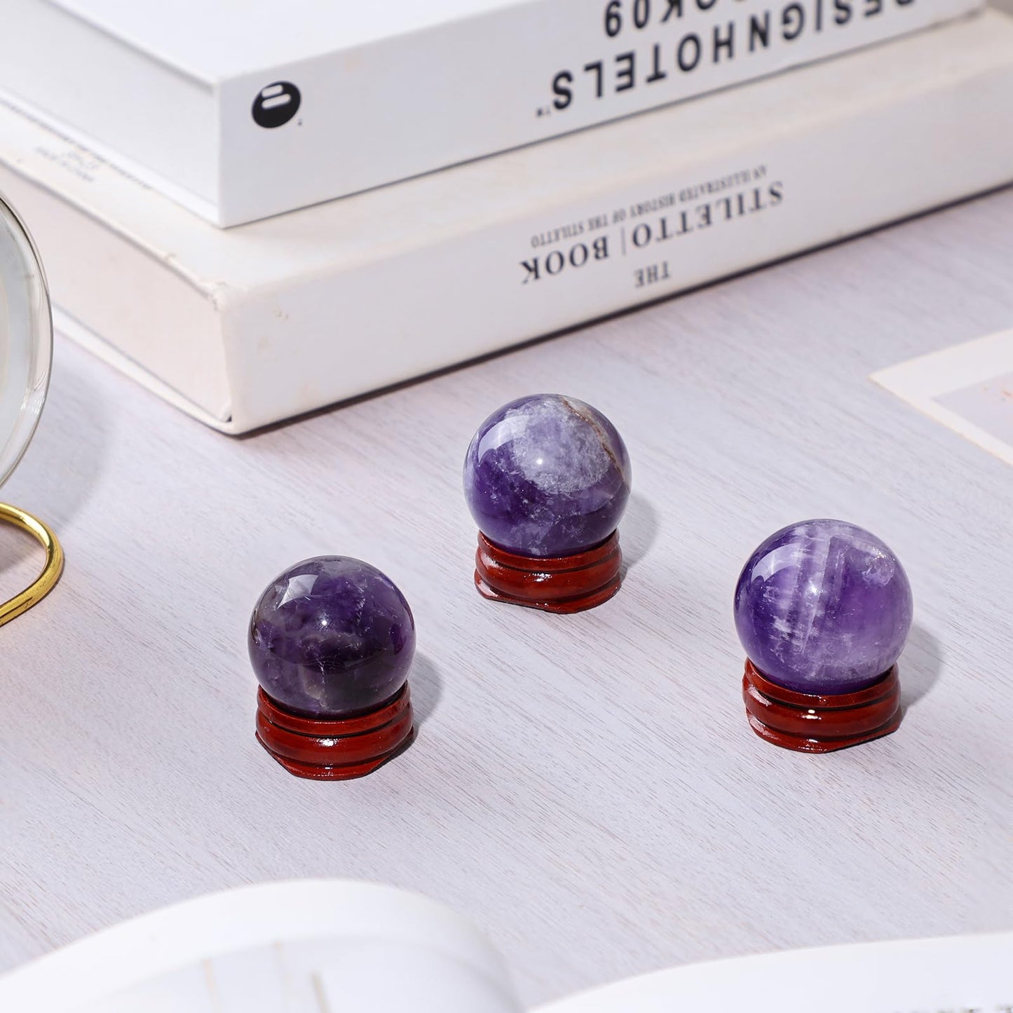 mookaitedecor Natural Amethyst Crystal Ball with Stand, 30-35 mm Decorative Round Stone Sphere Sculpture Figurine for Witchcraft Feng Shui Divination Home Decor