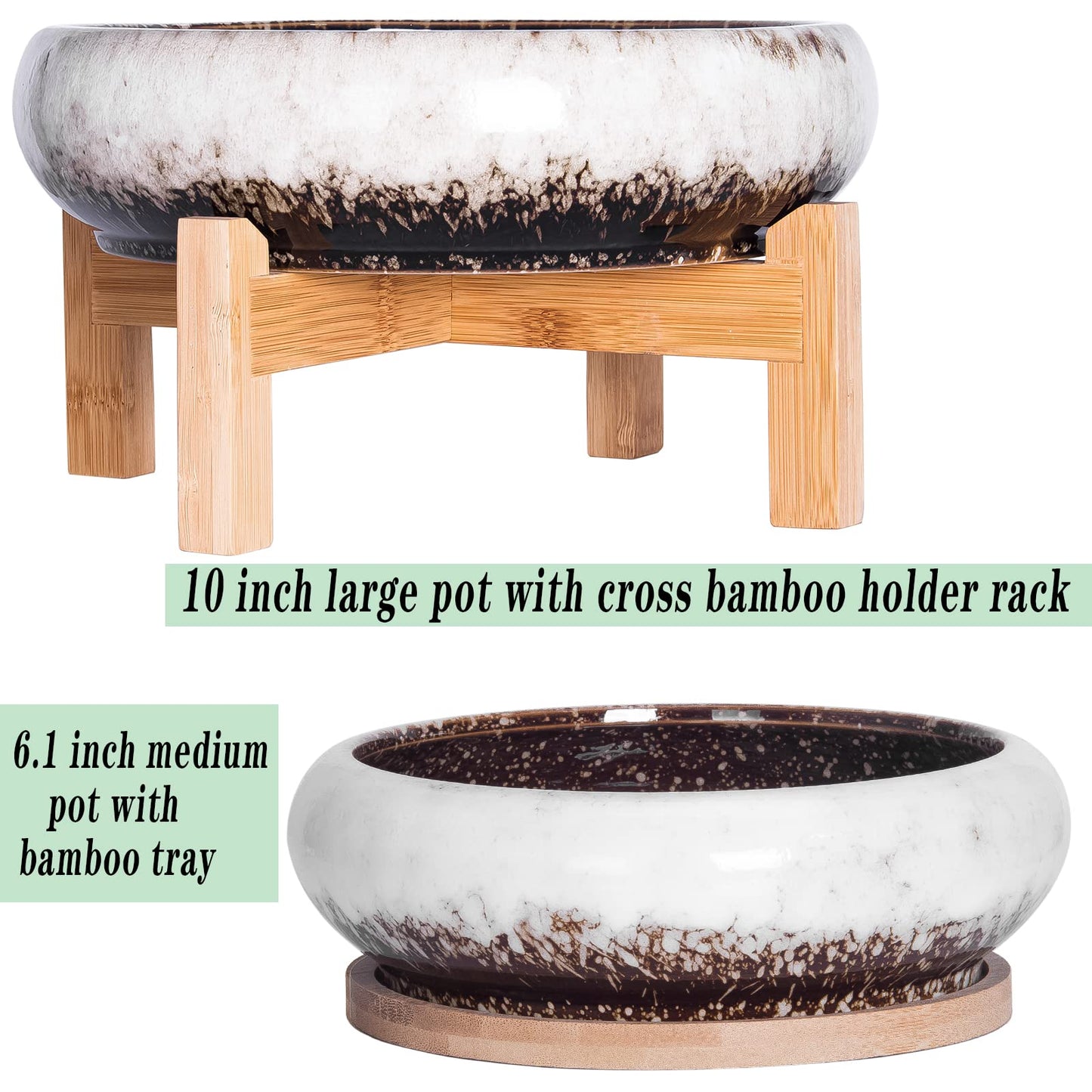 ARTKETTY Succulent Pots with Drainage, Large Succulent Planter with Stand and Saucer Shallow Bonsai Pots Ceramic Cactus Flower Planter Pot for Indoor Plants (7.3 and 10'')