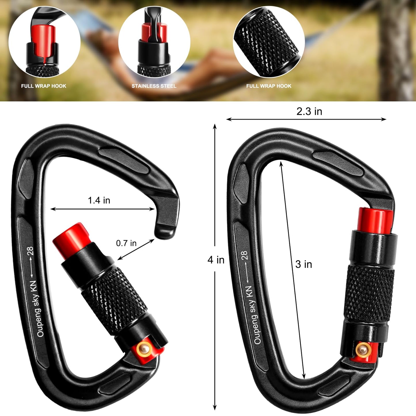 Auto Locking Carabiner Clips - 28KN (6172lbs) Heavy Duty Caribeaners ，4PCS Large Carabiner Clip for Keychains，Hammock，Camping, Gym, Hiking, Outdoor ，Dog Leash