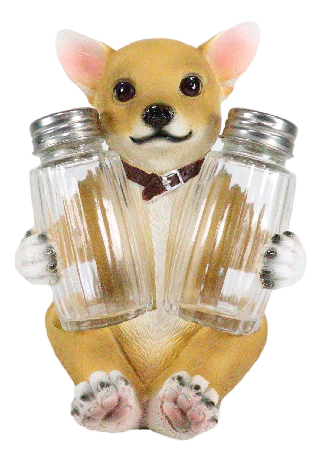 Ebros Picante Teacup Tan Chihuahua Puppy With Collar Salt And Pepper Shakers Holder Figurine Set 6.25"H Chi Chi Taco Dog Animal Pet Pal Kitchen Dining Bar Accent Sculpture