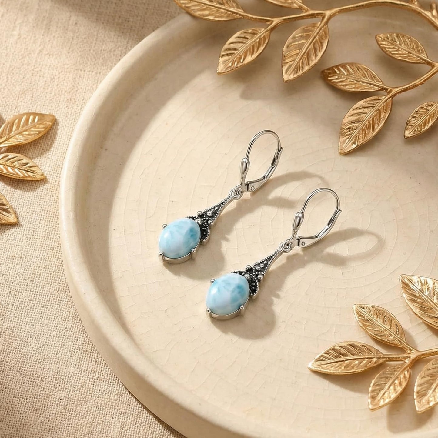 Larimar Blue Earrings 925 Sterling Silver Vintage Leverback Drop Dangle Earrings, Christmas Birthday Jewelry Earrings Gifts for Women