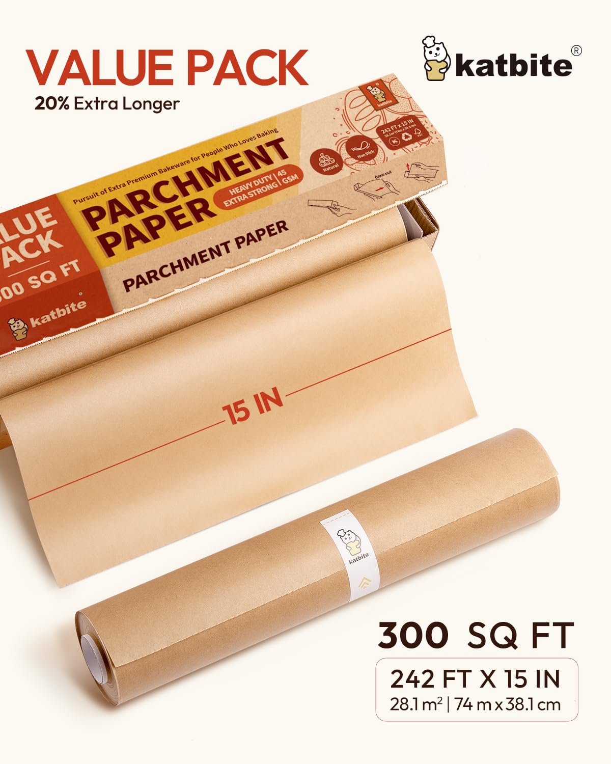 Katbite Parchment Paper Heavy Duty Unbleached Baking Parchment Roll, 38CM x 74M, Non Stick Baking Paper Roll for Baking, Cooking, Freezing, for Oven, Kitchen, Air Fryer, Freezer, Pastry