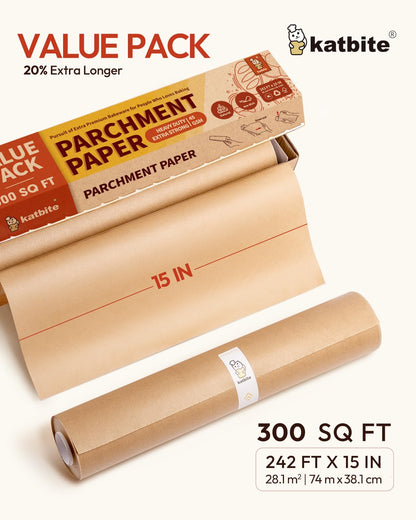 Katbite Parchment Paper Heavy Duty Unbleached Baking Parchment Roll, 38CM x 74M, Non Stick Baking Paper Roll for Baking, Cooking, Freezing, for Oven, Kitchen, Air Fryer, Freezer, Pastry