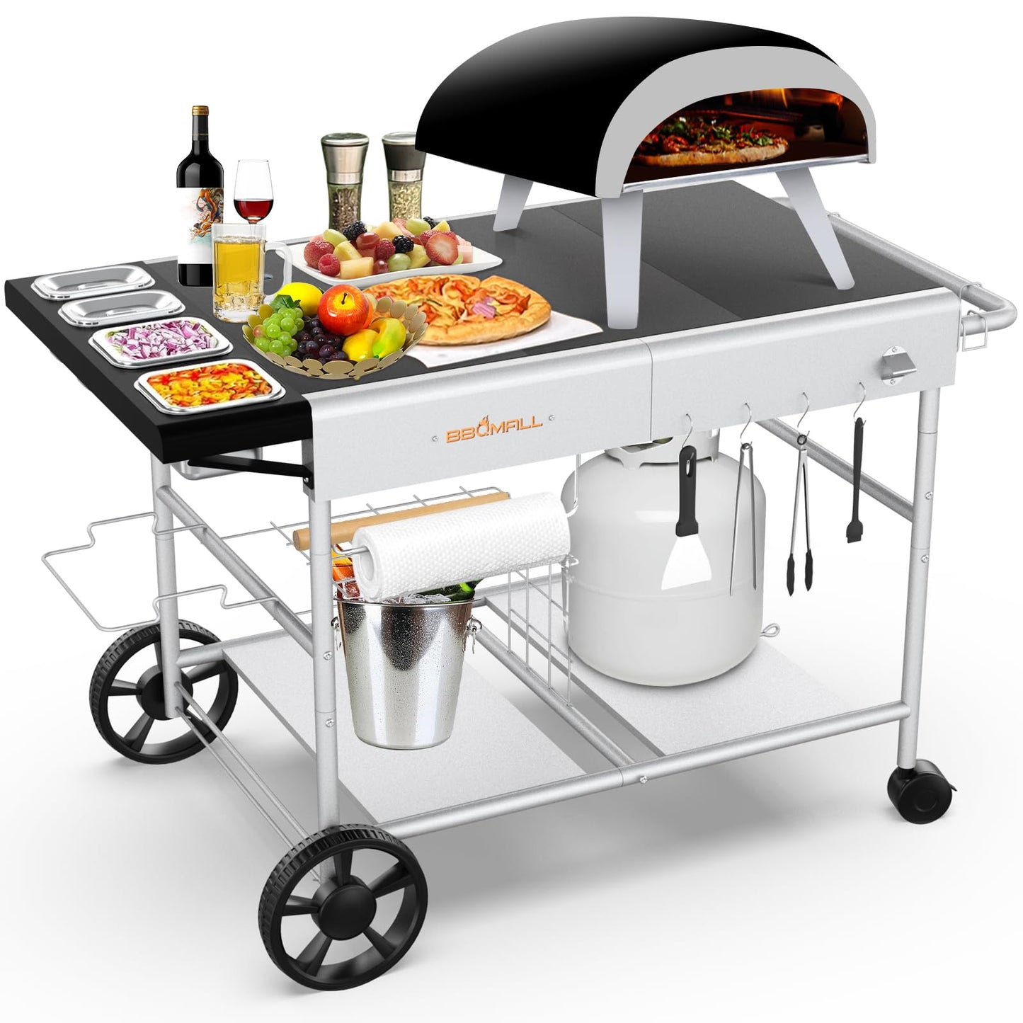 Pizza Oven Table Grill Cart with Topping Station, Grill Table Stand with Wheels for Ninja, Blackstone Griddle, Ooni, Gozney, Cuisinart, Heavy Duty BBQ Prep Cart with Storage Shelf and Hooks