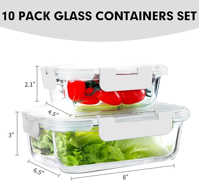 VERONES 10Pack Glass Meal Prep Containers, Airtight Glass Lunch Containers