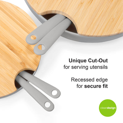 11.5" Extra Large Salad and 8" Serving Bowl with Wooden Lid and Servers - Bamboo Fiber Wood Mixing Bowl Set with Utensils & Wooden Cutting Board Top for Fruits, Vegetable Salads, Pasta (8pc Set) Grey