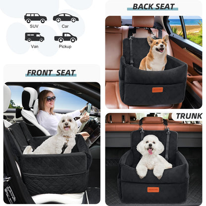 HEGGCOOE Small Dog Car Seat, Memory Foam Dog Booster Seats with Thick Cushion for Medium Dogs Under 35lbs, Detachable Washable Pet Car Seat with Storage Pockets,2 Safety Belts
