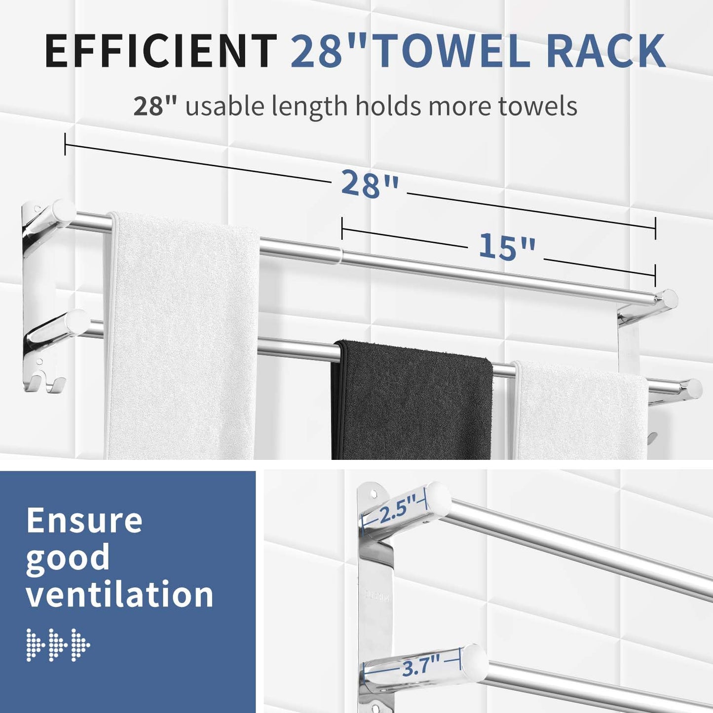 KAHCNVN Stainless Steel Double Towel bar,adjustable16-28IN Double Towel Racks for Bathroom Wall Mounted,Suitable for Bathrooms and Kitchens