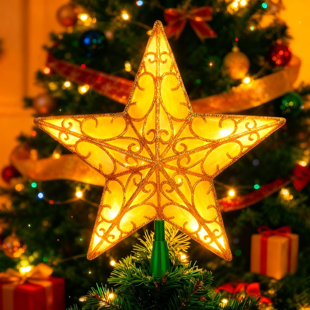 9.5” Gold 3D Dual-Side Christmas Star Tree Topper - Warm White LED Light, Festive Holiday Home Christmas Decor