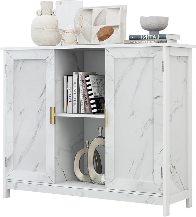 TaoHFE Marble Top Narrow Sideboard Cabinet, Modern White Marble Side Buffet