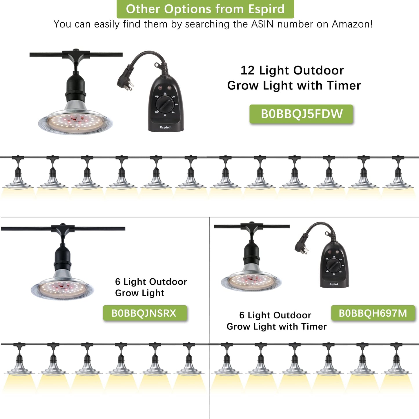 Espird Outdoor LED Grow Light, 12-Light Full Spectrum Grow Light Strip, Waterproof Plant Growing Lamps, UL Certified String Grow Lights for Greenhouse Garden, 41FT Outdoor Grow Light for Veg Seedling