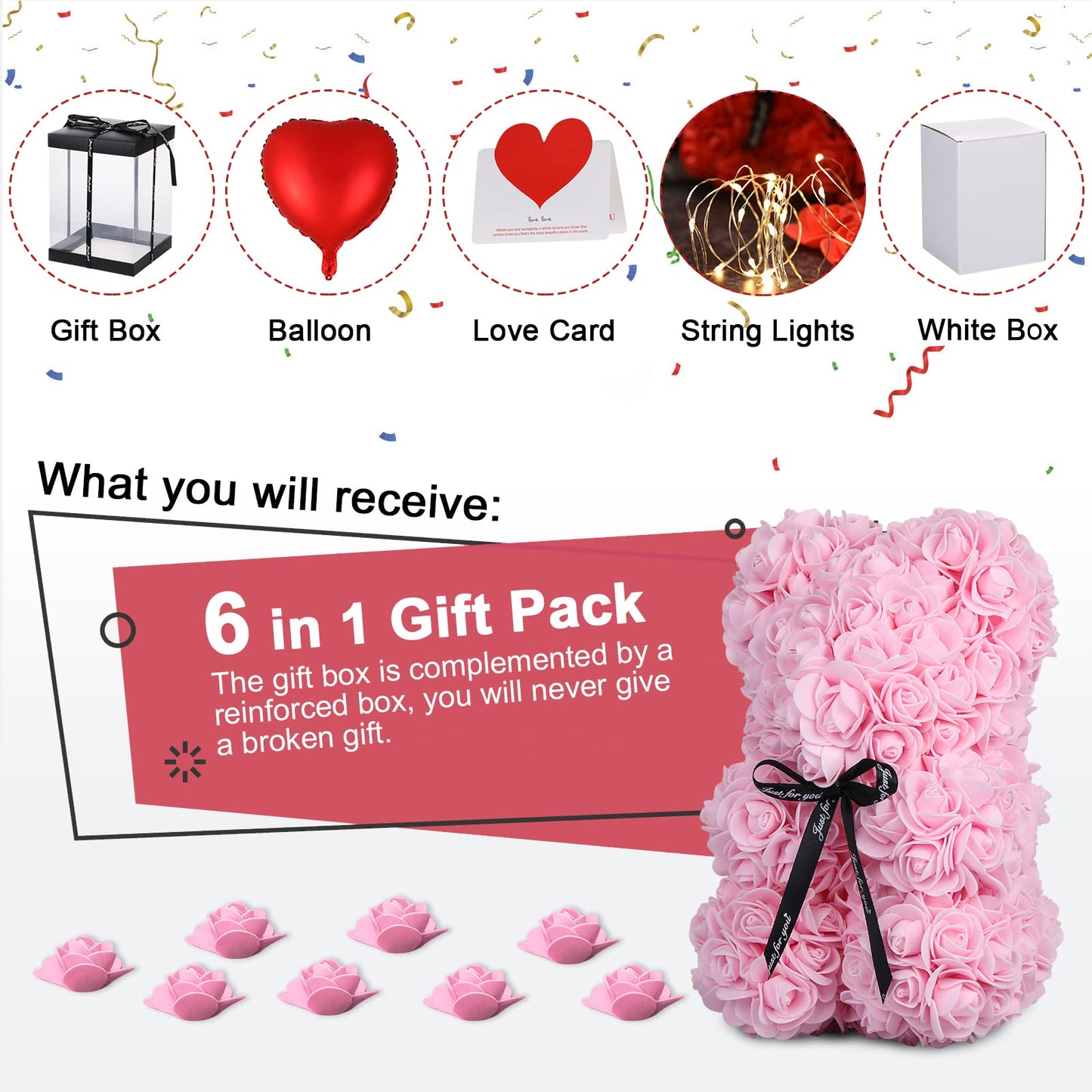 Rose Bear Christmas Flower Gifts for Mom Grandma, Rose Teddy Bear with Lights, Cute Teddy Flower Bear, Cute Romantic Gifts for Wife Girlfriend with Transparent Gift Box and Love Card