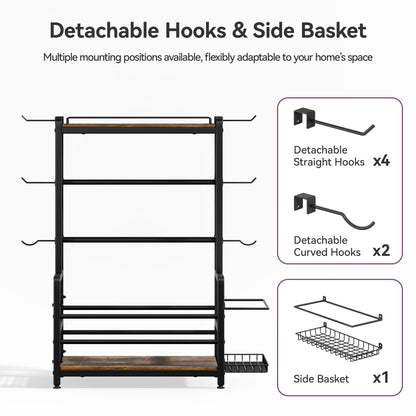Gym Home Equipment Weight Rack – 3‑Tier Workout Storage Stand for Dumbbells & Kettlebells, Medicine Ball Holder, Steel Organizer with Side Basket, Hooks