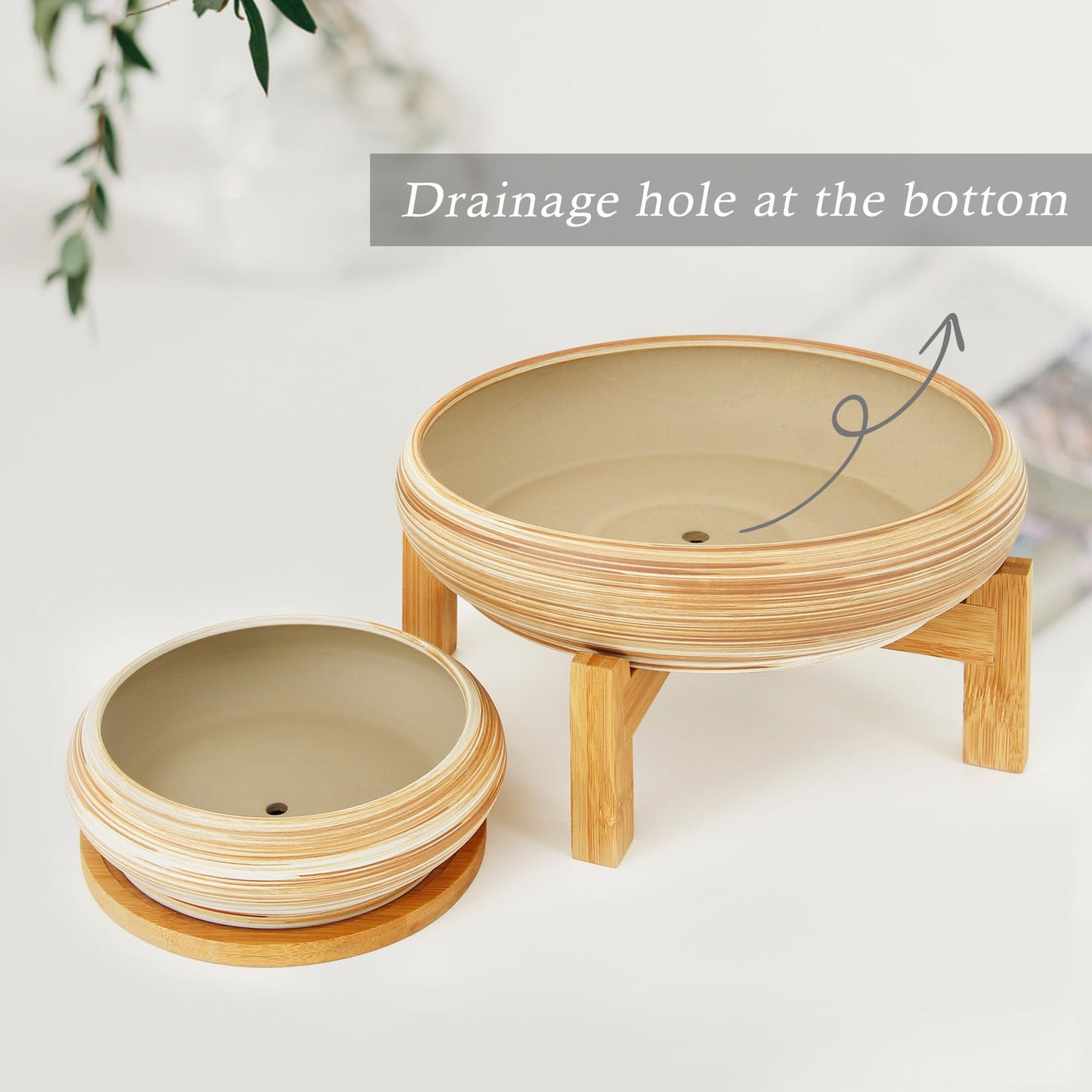 Succulent Pots - 7.3/10 Inch Large Plant Pot Ceramic Bonsai Planter with Drainage Tray, Shallow Planters for Succulents Cactus Flower Small Plants Birthday Gifts for Women