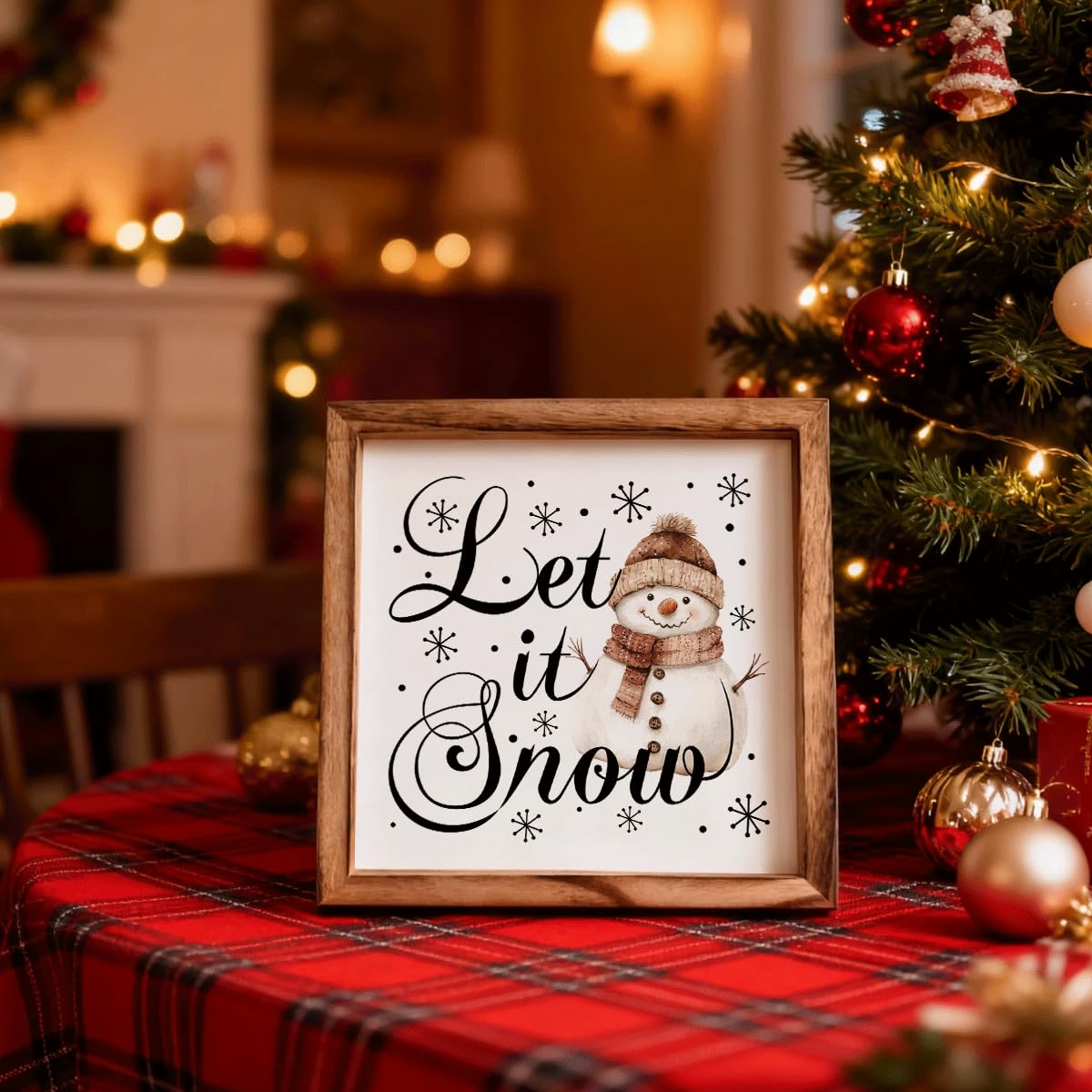 Christmas Wall Decor, Let It Snow Snowman Sign, Winter Framed Wood Wall Accent for Living Room Entryway or Playroom, MDF Holiday Hanging Plaque for Home