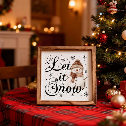 Christmas Wall Decor, Let It Snow Snowman Sign, Winter Framed Wood Wall Accent for Living Room Entryway or Playroom, MDF Holiday Hanging Plaque for Home