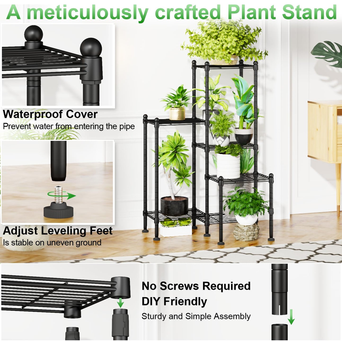 CYXPHION Plant Stand Indoor Outdoor, Heavy Duty Metal Waterproof 6 Tiered Plant Shelf for Multiple Flower Planter Holder Rack, Black - C6