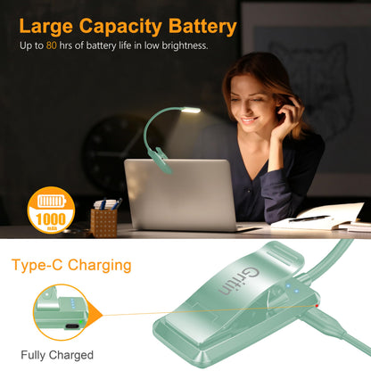 Gritin 9 LED Rechargeable Book Light for Reading in Bed - Eye Caring 3 Color Temperatures,Stepless Dimming Brightness,80 Hrs Runtime Small Lightweight Clip On Book Reading Light for Studying