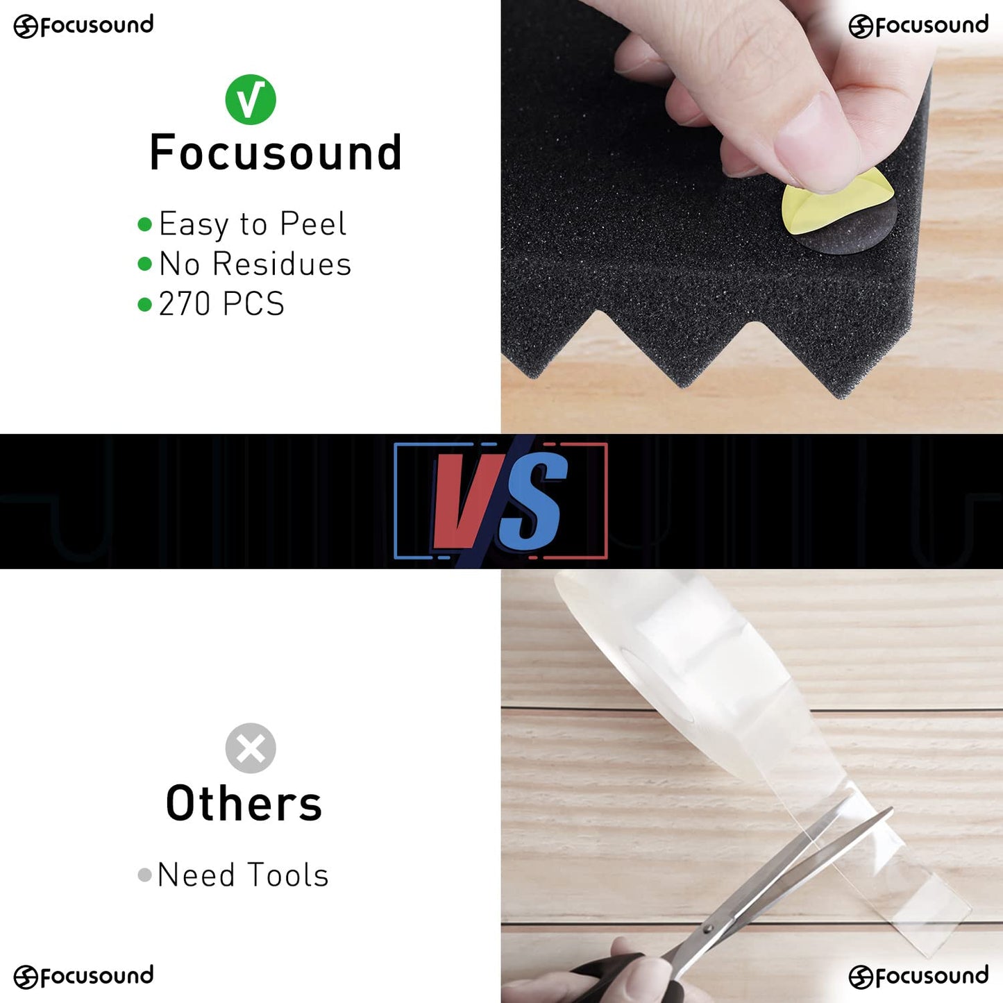 Focusound 50 Pack Acoustic Foam Panels 1" x 12" x 12" Sound Proof Foam Panles Soundproofing Noise Cancelling Wedge Panels for Home Office Recoding Studio with 300PCS Double-Side Adhesive
