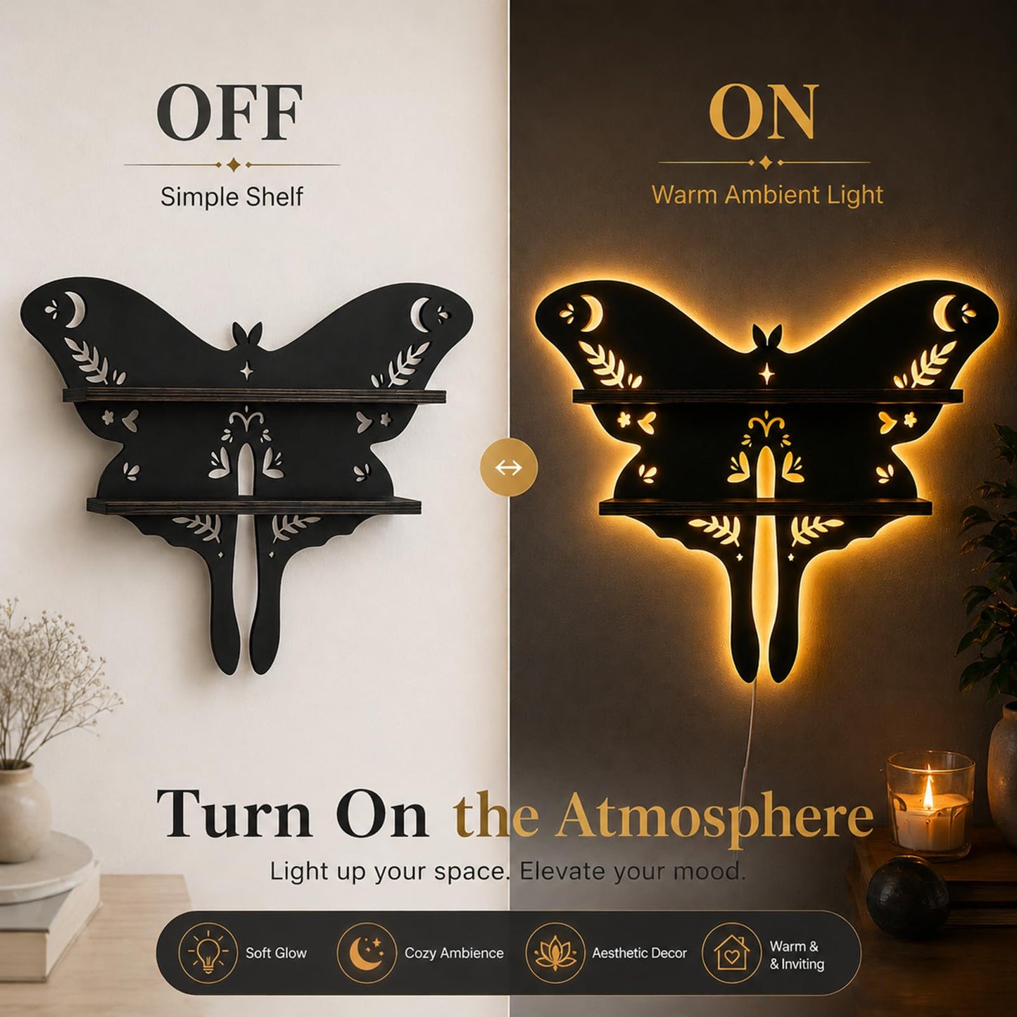HBSGS Crystal Display Shelf Wall Gothic Shelves with LED Light, Luna Moth Theme, for Trinket, Crystal Rock, Gem, Healing Stone, Essential Oil (Moth-15.7 * 11.8inch/40 * 27.5cm)