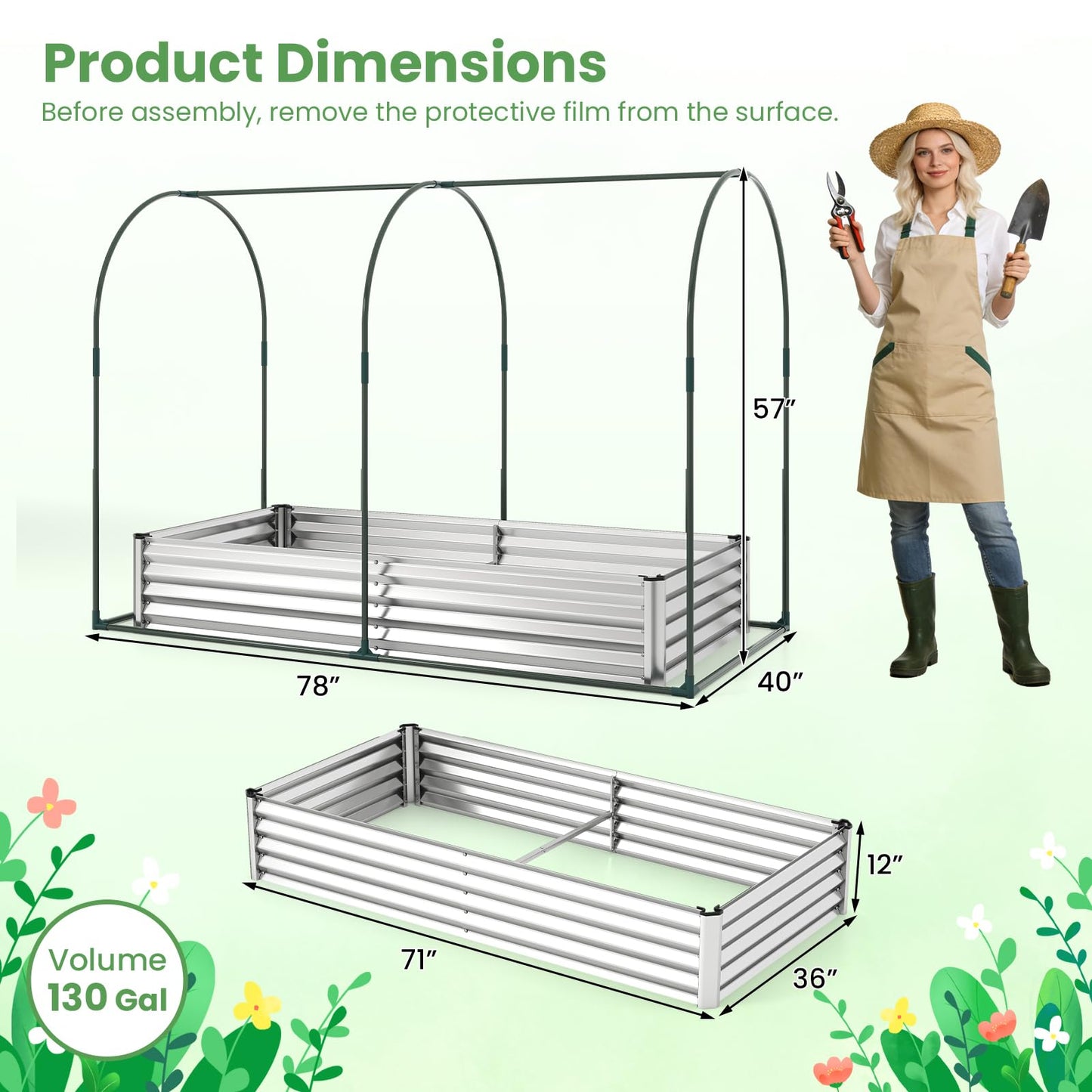 Giantex Galvanized Raised Garden Bed with Greenhouse Cover, 6x3x1 FT Outdoor Metal Oval Tall Planter Box with 2 Roll-up Windows, Clear PVC Mini Greenhouse for Vegetables Flowers Herbs Patio (Silver)