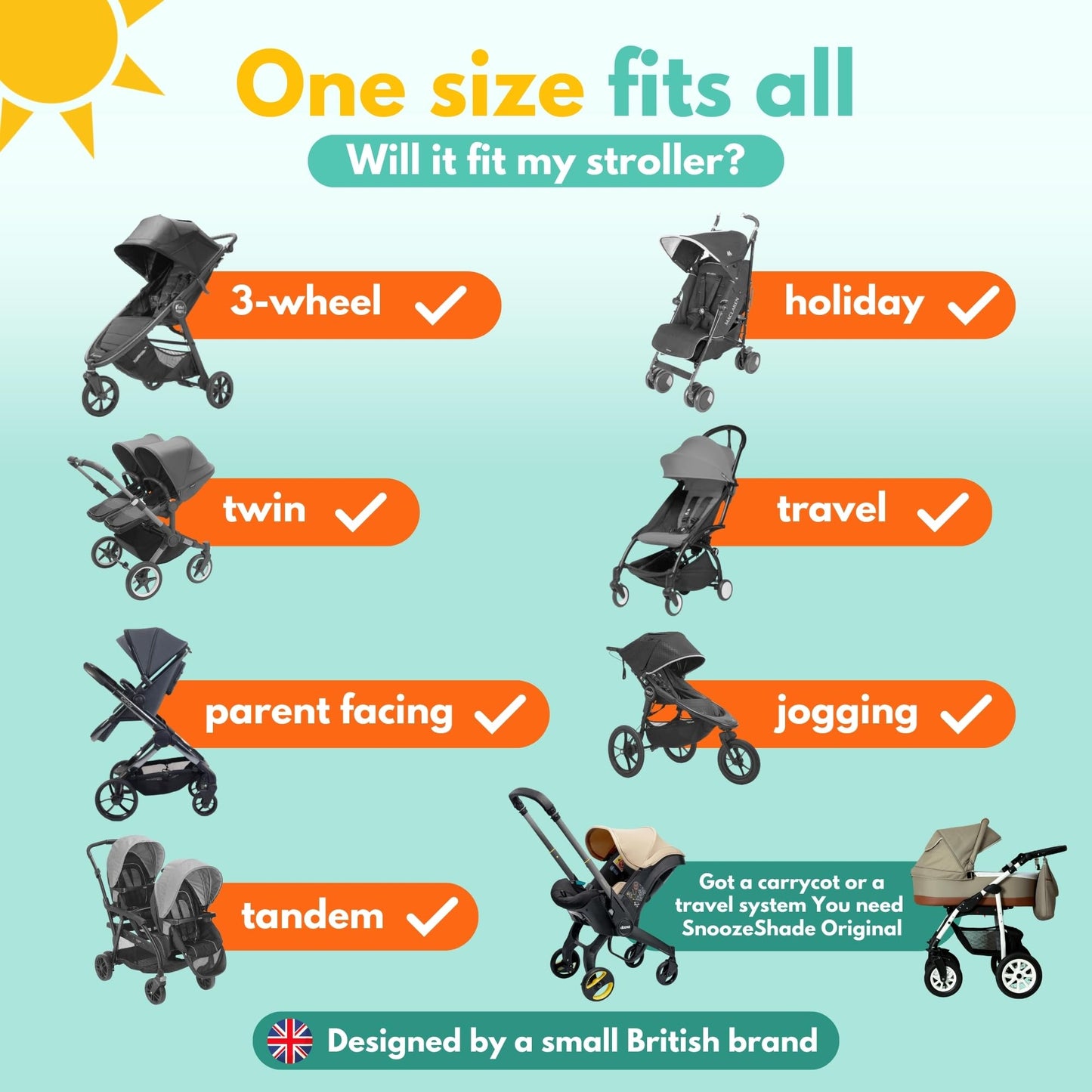 SnoozeShade Plus Extra Pram and Stroller Sun Shade Cover Blocks 99% UV UPF50+ Baby Sleep Aid and Breathable Blackout Canopy for Pushchairs Buggies and Travel Strollers