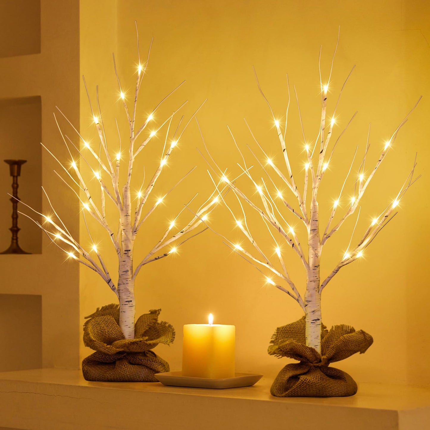 HOLILLUMA Lighted Birch Tree Christmas Decorations, 2Pack 2FT USB Rechargeable Tabletop Tree with LED Lights, Pre-Lit Artificial Mini Money Trees for Home Centerpiece Fireplace Party Decor(Timer)