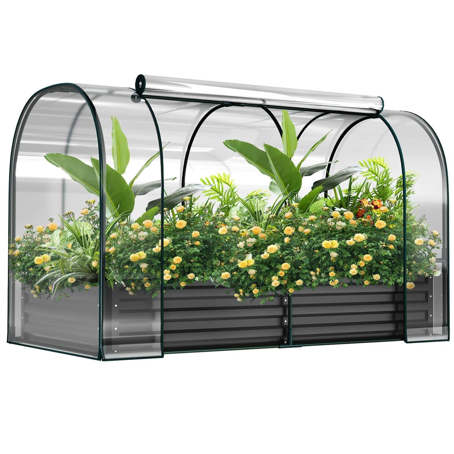 DoCred Galvanized Raised Garden Bed with PVC Cover, 72.8" x 37.4" x 47.2" Metal Planter Bottomless Box w/ Roll-Up Window, Mini Greenhouse Tent for Outdoor Growing Vegetables Flower Fruit