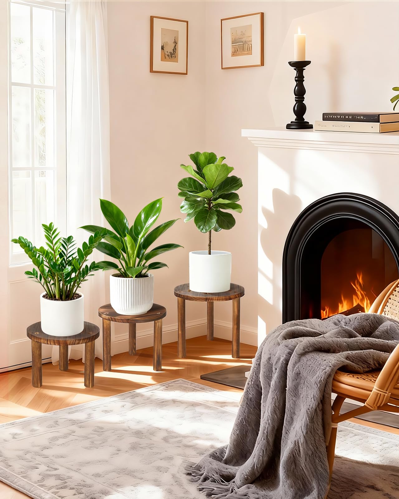 Jotboom 3-Pack Wooden Plant Stand Indoor, Mid Century Plant Stands for 6-11 Inch Pots, Modern Plant Stool for Large Plants, Heavy Duty Tall Plant Holder for Small Apartment Living Room Balcony Office