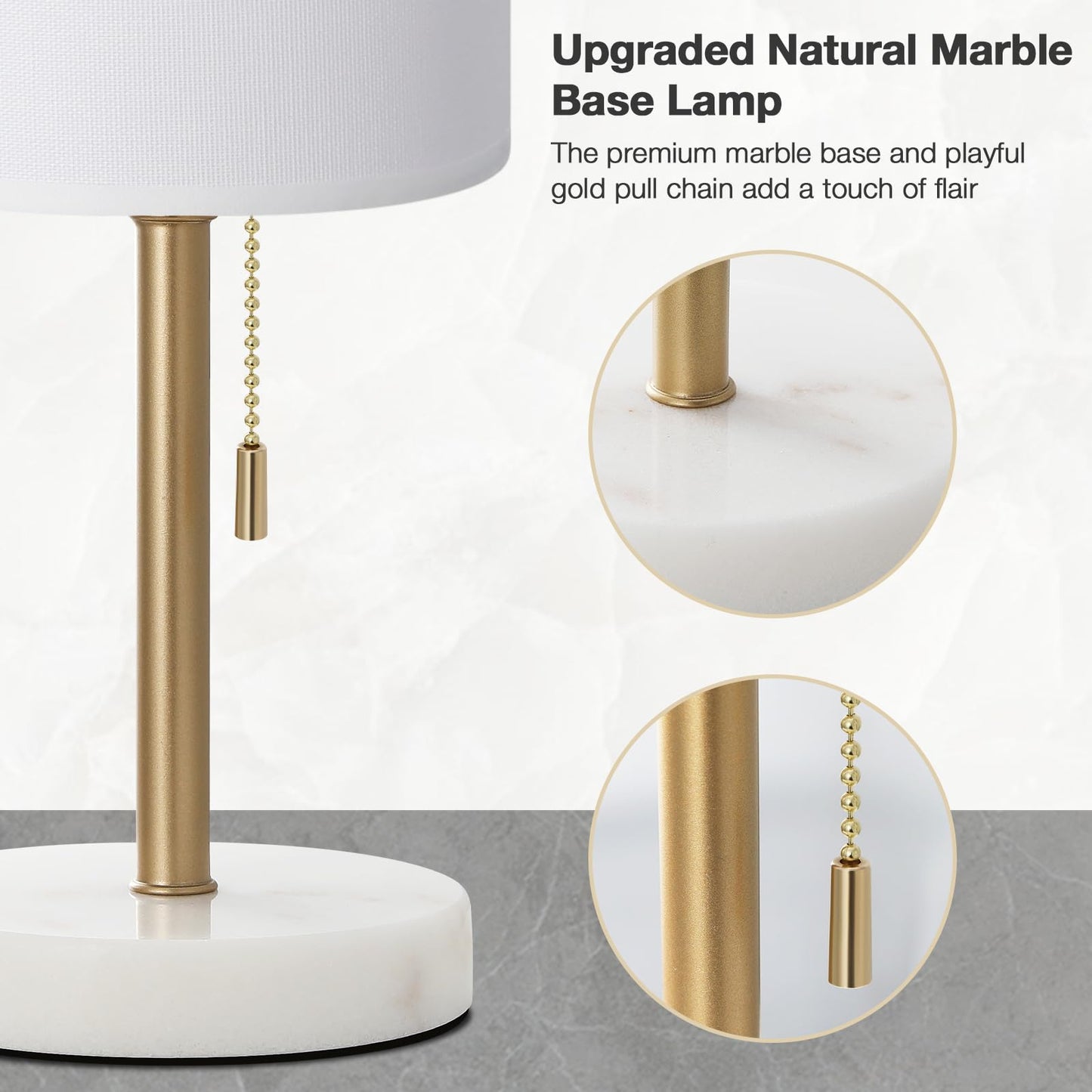 Dicoool Tall Bedside Table lamp for Bedroom - Luxury Marble Base & 3 Color Temperatures Bedside Lamps, Pull Chain Gold Table Lamps, White Nightstand Lamps for Living Room/Guest Room