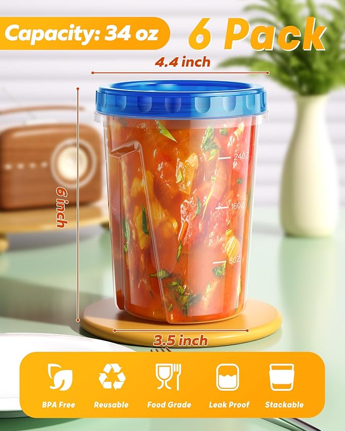 6 Pack-34 oz Freezer Storage Containers, Plastic Food Storage Containers