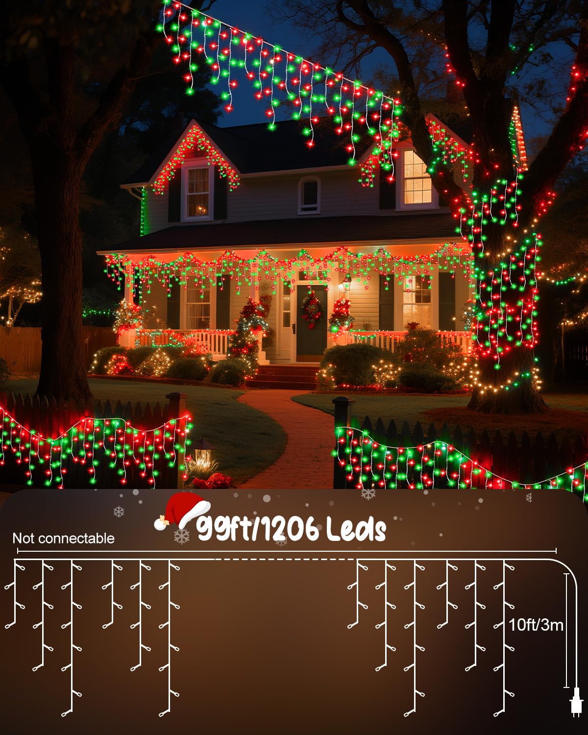 Vynoblip Christmas Ice Lights Outdoor, Red Green 99FT 1206 LED 8 Modes Plug in Xmas Tree Decorations Twinkle Fairy Light String with Remote Timer Memory for Roofline Yard Party Wedding Camping Decor
