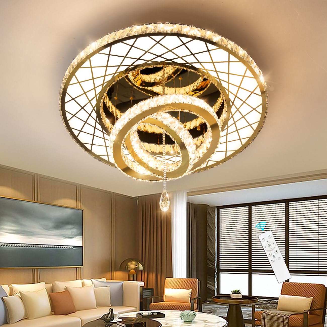 HAIXIANG Modern Glam Chandelier LED Crystal Ceiling Chandeliers Light for Bedroom Living Room Dining Room Lighting Fixture 24 inch Gold Remote Dimmable Lights
