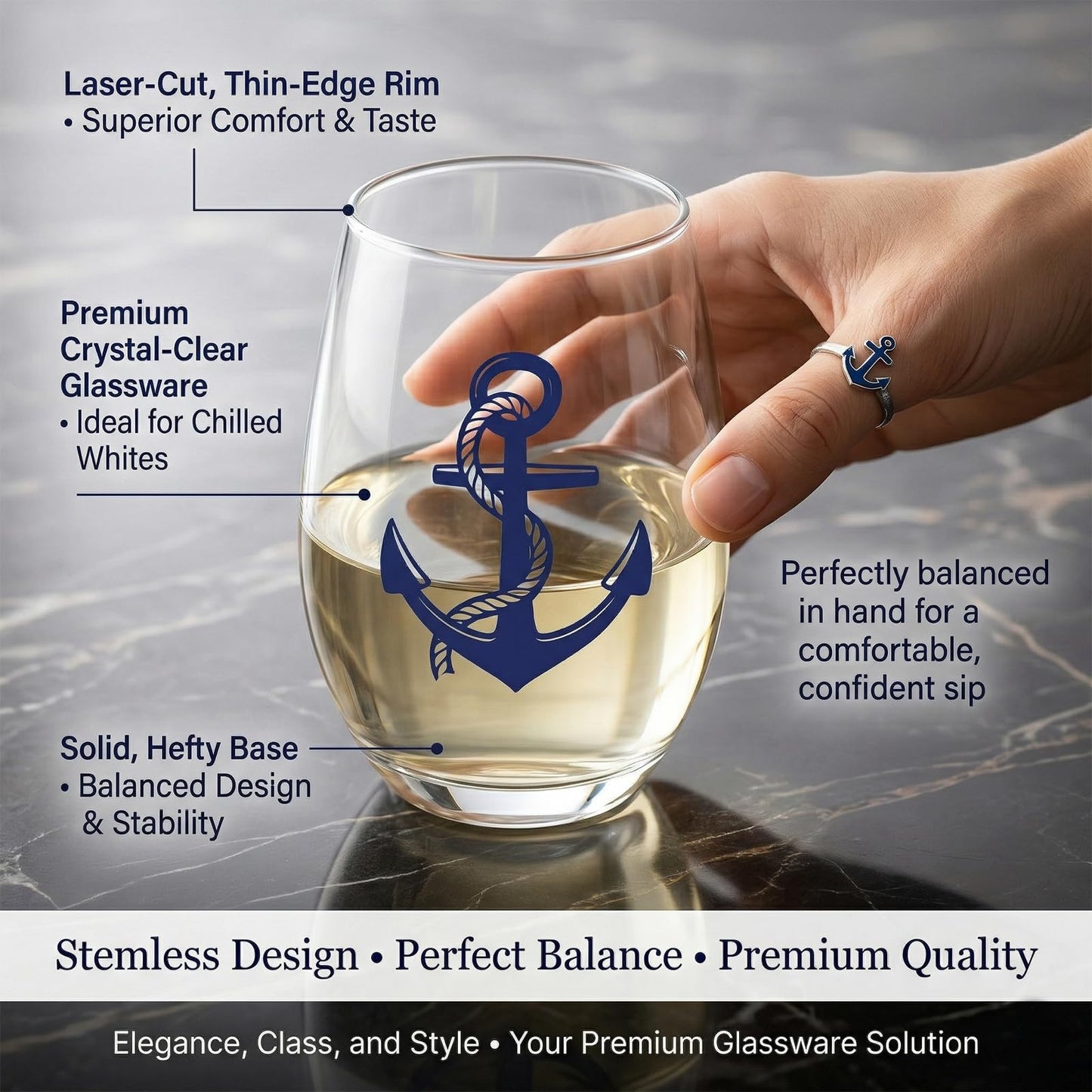 Nautical Stemless Wine Glasses Set of 4, Nautical Decor for Boaters, Sailors Birthday Gift, Anchor Compass Life Ring Helm Beach House Glasses 15oz, Coastal Ocean Marine Glasses for Wine or Cocktail