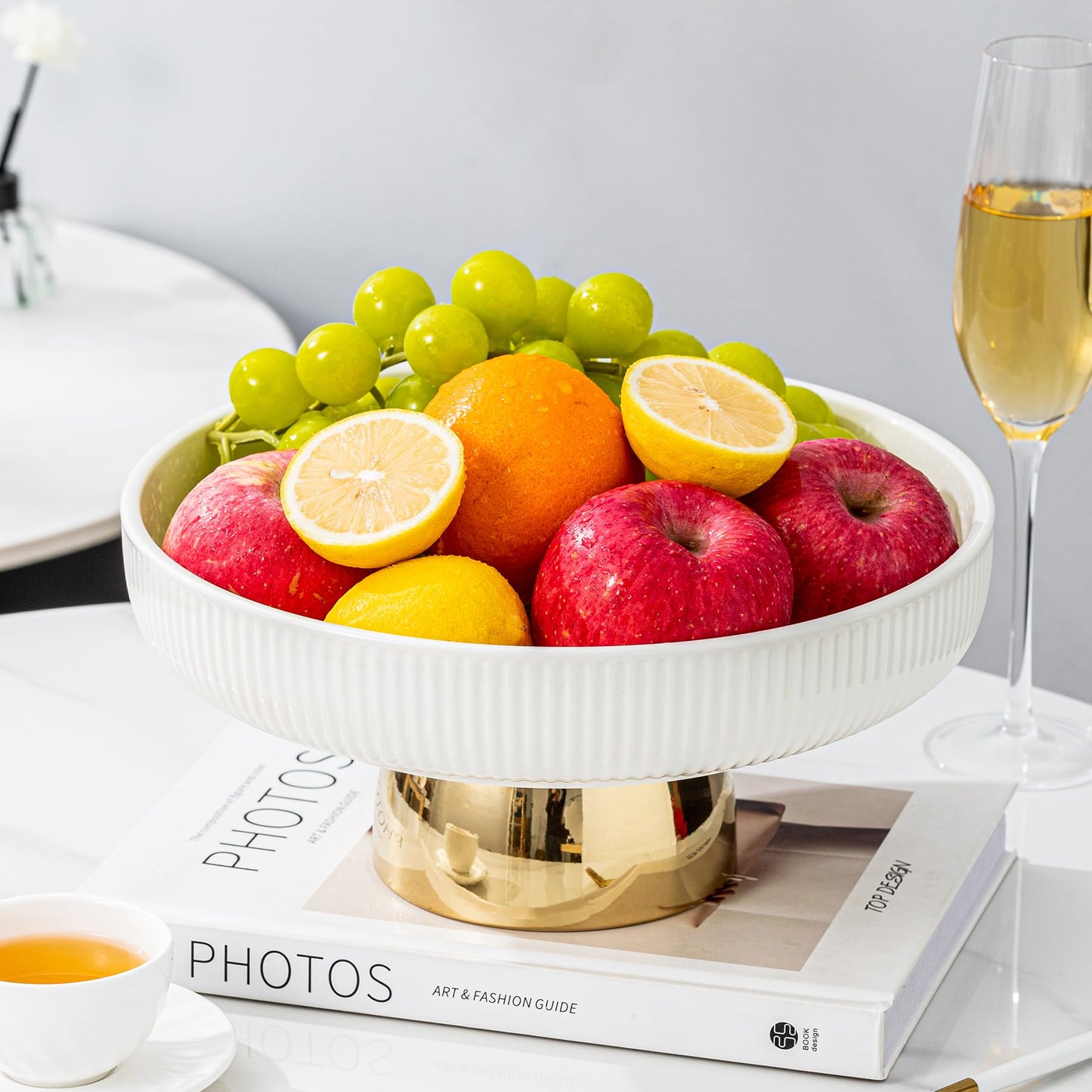 CCATSIX Ceramic Fruit Bowl,11-Inch Large Decorative Bowls,White Pedestal Tray and Gold Base, Fruit Bowl for Kitchen Counter, Bread and Fruit Trays,Salad or Dessert Display Trays for Parties. (XL)