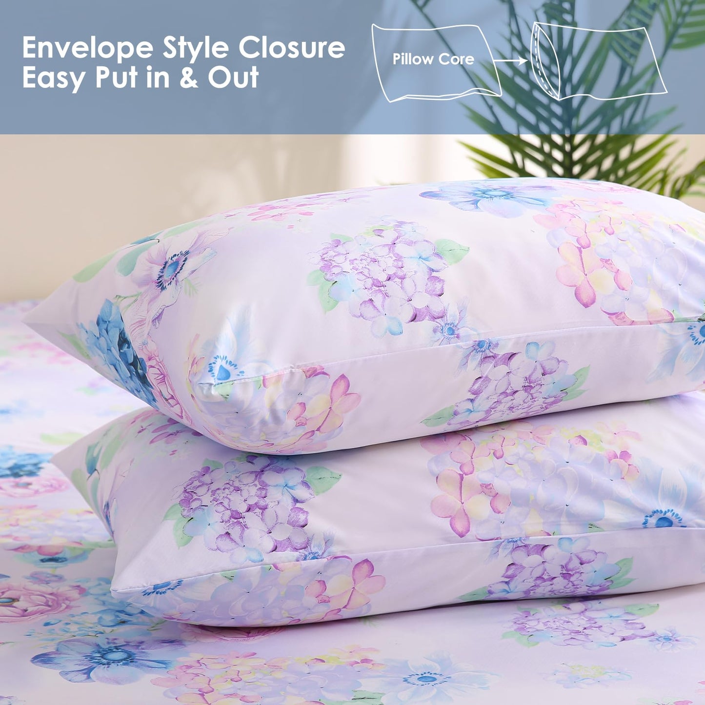 JSD Purple Hydrangea Floral Sheet Set Queen Size, 4 Piece Soft Spring Printed Microfiber Bed Sheets Deep Pocket