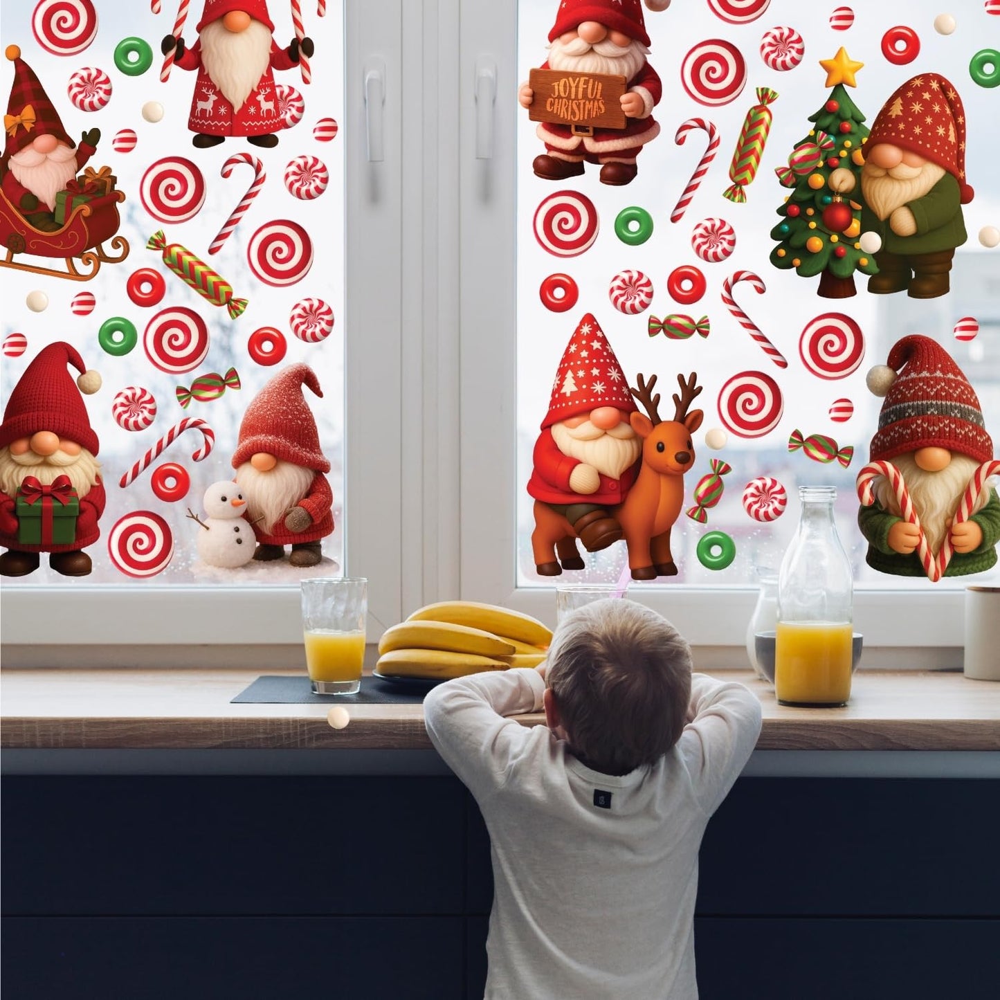 WALPLUS Christmas Window Clings Decorations Double-Sided Reusable Peel and Stick Removable for Glass Living Room Nursery Room Home Office Holiday Gnomies and Candy Delights 186 Pieces
