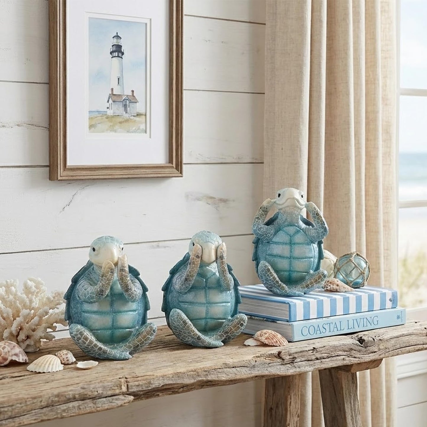 Turtle Sculpture 3-Piece Set Coastal Home Decor Turtle sculptures are perfect for bathrooms, offices, bookshelves, display shelves, coffee tables, or beach-themed decor in any room of your home.