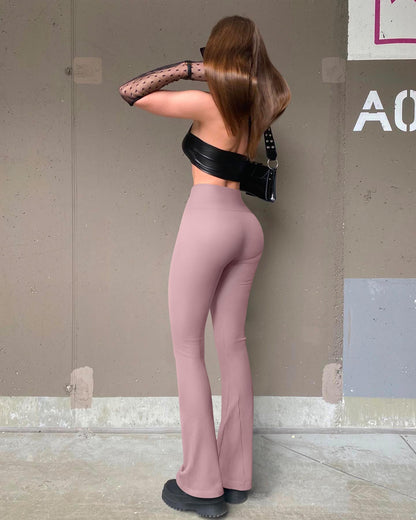 OQQ Women's 2 Piece Yoga Pants Ribbed Seamless Workout High Waist Bell Bottoms Flare Leggings